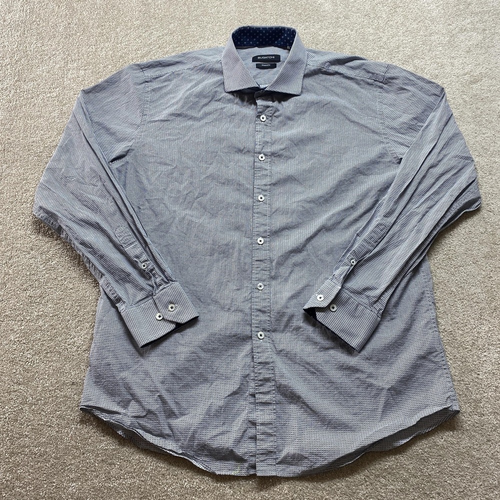 Bugatchi Shirt Mens XL Blue Geometric‎ Print Shaped Fit Long Sleeve Cotton Dress